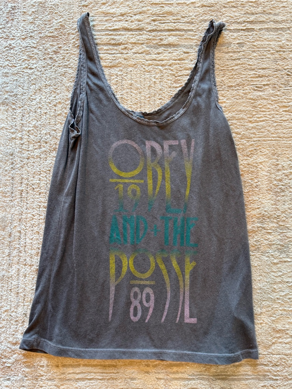 Obey Women's Washed Gray Graphic Tank with Multicolor Print
